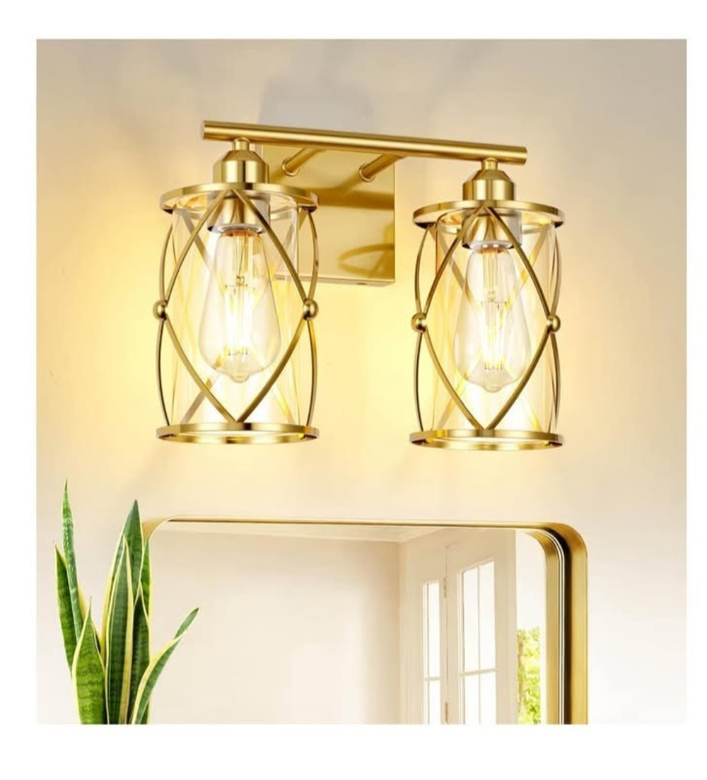 2-Light Brushed Gold Bathroom Vanity Light Clear Glass Metal Cage E26 13.8"
